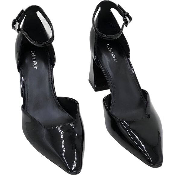 Calvin Klein Nalene Ankle Strap Pointed Toe Heels Black Patent US 8M - Picture 1 of 6